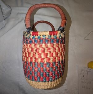 Small Colorful Woven Basket with Leather Handles
